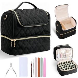 NEW! Quilted Nail Polish Organizer Case Two Layer for 24 Bottles & UV Lamp Black